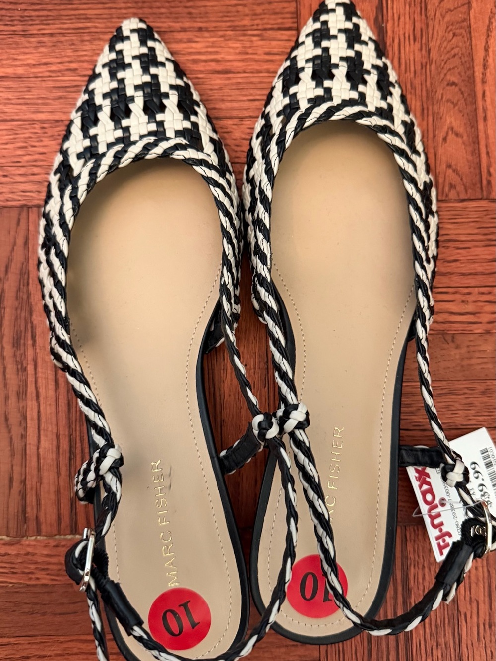 Marc Fisher Black & White Woven Pointed Toe Slingback Flats